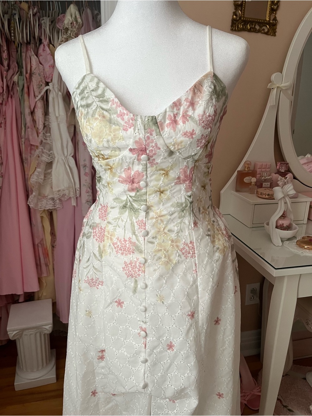 Floral Ivory Maxi Dress with Pink & Green Accents - Picture 2 of 4